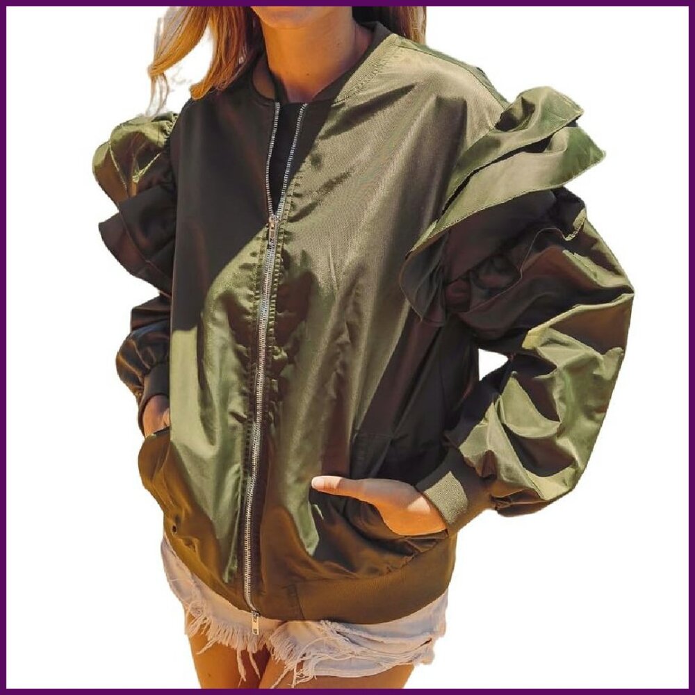 Lightweight Bomber Jacket With Ruffle Sleeves, Zi… - image 5